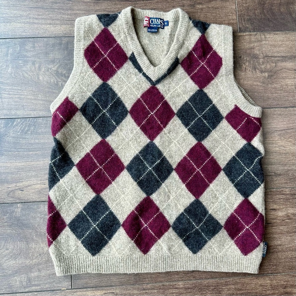 Chaps Ralph Lauren Argyle Sweater Vest - 100% Lambswool - 19.5 inches Pit to Pit